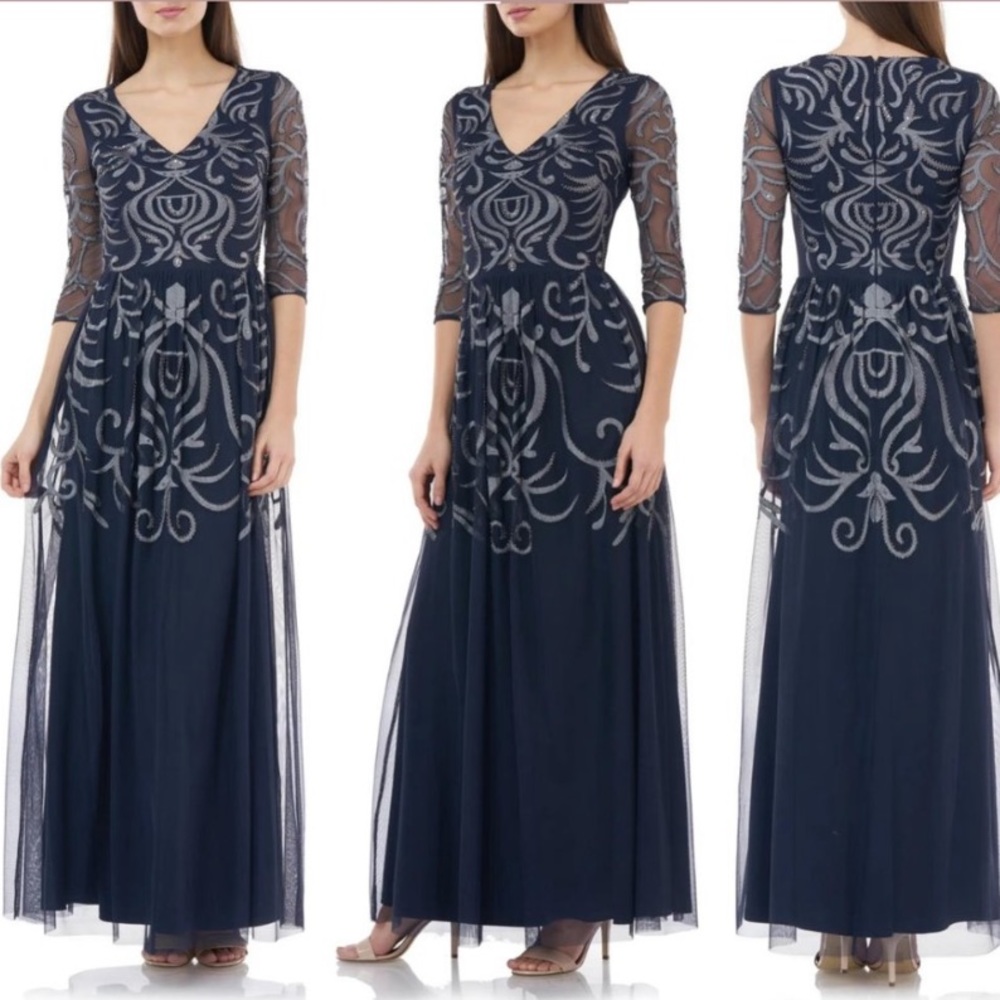 JS Collections | Embellished beaded navy 3/4 sleeve gown